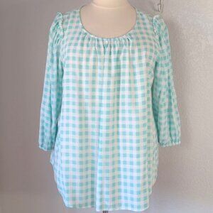 LC Lauren Conrad 2X Blouse Puff Sleeve Popover Gingham Aqua Blue & White
